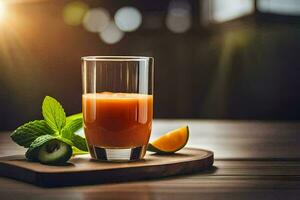 un vaso de naranja jugo con menta hojas y un naranja rebanada. generado por ai foto