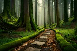 un camino mediante un verde bosque con cubierto de musgo arboles generado por ai foto