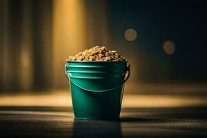 a bucket of popcorn sitting on a table. AI-Generated photo