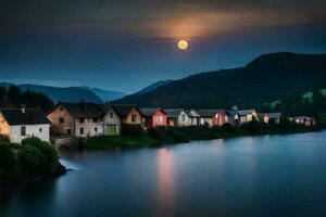 foto fondo de pantalla el luna, río, casas, el luna, el cielo, el agua, el. generado por ai