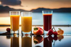 three glasses of juice with fruit and berries. AI-Generated photo
