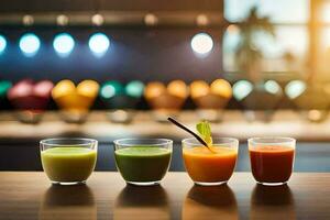 five different juices in glasses on a table. AI-Generated photo