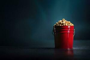 a red bucket filled with peanuts on a dark table. AI-Generated photo