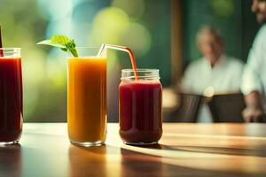 three glasses of juice sitting on a table. AI-Generated photo