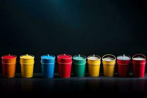 a row of colorful cups on a black background. AI-Generated photo