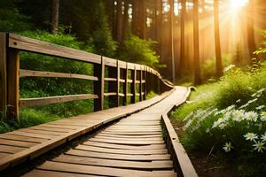 wooden path in the forest with sun shining through. AI-Generated photo