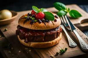 a hamburger with berries and a knife. AI-Generated photo