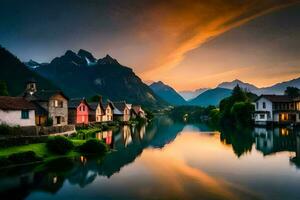 photo wallpaper the sky, mountains, lake, houses, the village, the river, the mountains. AI-Generated