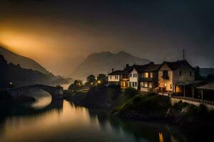 a bridge over a river at dusk with houses and mountains in the background. AI-Generated photo