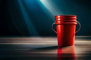 a red bucket on a table with a spotlight. AI-Generated photo