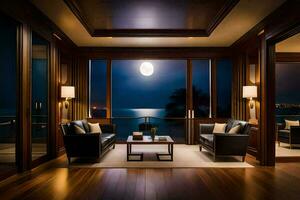 a living room with a view of the ocean at night. AI-Generated photo