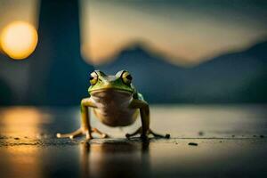 a frog is standing on the ground in front of the sun. AI-Generated photo