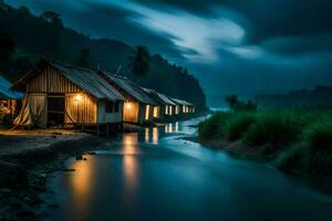 un río a noche con casas y un tormenta. generado por ai foto