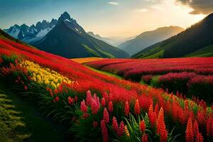 un hermosa campo de flores con montañas en el antecedentes. generado por ai foto