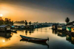 a boat sits on the water in front of a village. AI-Generated photo