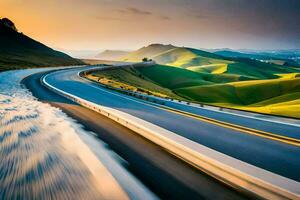 a long exposure photo of a winding road in the mountains. AI-Generated