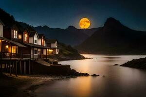 a full moon rises over a mountain range and houses on the shore. AI-Generated photo