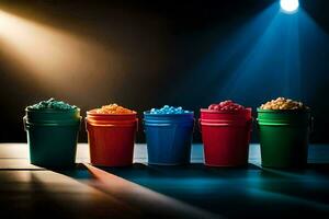 five buckets of popcorn on a table with a spotlight. AI-Generated photo