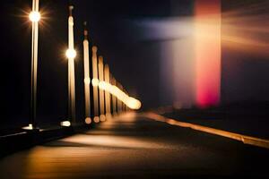 un largo línea de luces en un puente a noche. generado por ai foto