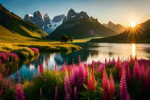 the sun rises over a lake and flowers in front of mountains. AI-Generated photo