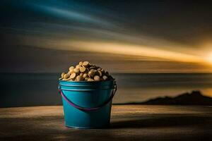 a bucket of peanuts on a table in front of the ocean. AI-Generated photo