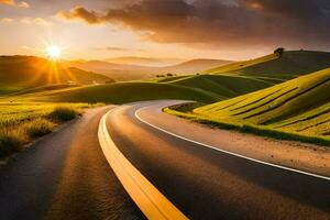 the sun sets over a winding road in the countryside. AI-Generated photo