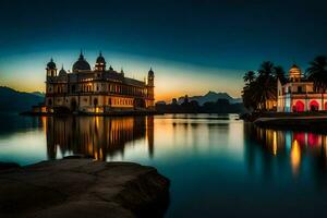 el palacio a oscuridad en udaipur, India. generado por ai foto