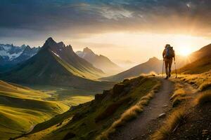 un hombre con mochila caminando en un sendero en el montañas. generado por ai foto