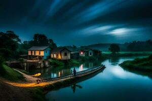 a boat is tied to a dock at night in a river. AI-Generated photo