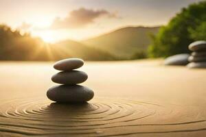 a stack of stones in the sand with the sun setting behind it. AI-Generated photo