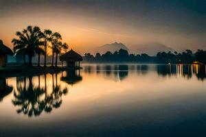 a lake with palm trees and a mountain in the background. AI-Generated photo