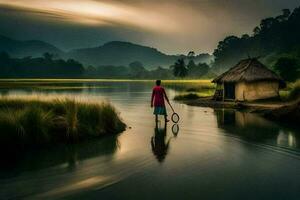 a man stands in the water near a hut. AI-Generated photo