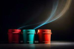 three colorful buckets with smoke coming out of them. AI-Generated photo