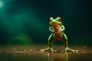 a frog standing on its hind legs with its legs spread. AI-Generated photo