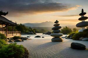 a japanese garden with rocks and water at sunset. AI-Generated photo
