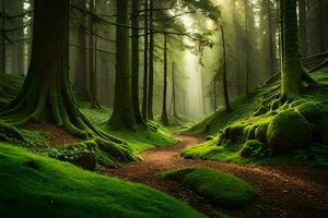 un camino mediante un verde bosque con cubierto de musgo arboles generado por ai foto