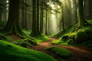 a path through a green forest with mossy trees. AI-Generated photo