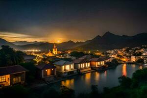 the moon rises over the village of vietnam. AI-Generated photo