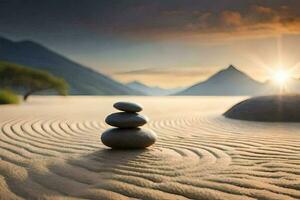 apilado piedras en el arena a puesta de sol. generado por ai foto