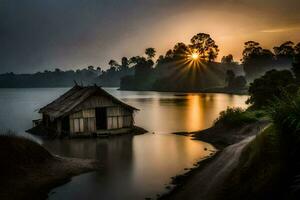 the sun rises over a small hut in the middle of a lake. AI-Generated photo