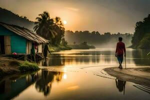 un hombre caminando a lo largo el apuntalar de un río a puesta de sol. generado por ai foto