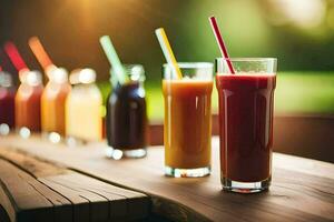 a row of different colored juices on a table. AI-Generated photo