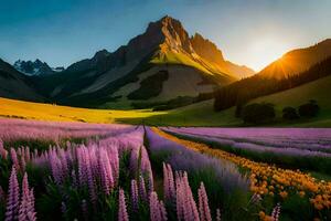 the sun rises over a field of flowers and mountains. AI-Generated photo