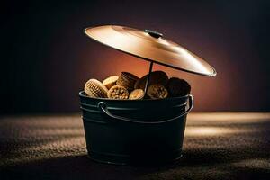 a bucket filled with peanuts and a lid. AI-Generated photo