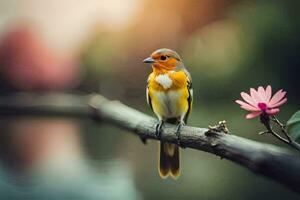 a small bird is sitting on a branch near a flower. AI-Generated photo
