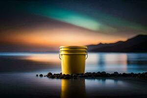 a yellow bucket sits on the beach at sunset. AI-Generated photo