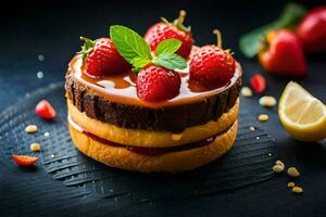 a cake with strawberries and chocolate on top. AI-Generated photo