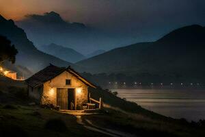 a small house sits on the side of a mountain at dusk. AI-Generated photo