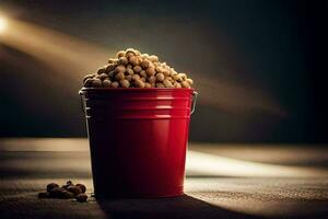 a red bucket filled with beans on a wooden table. AI-Generated photo