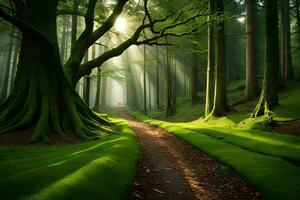 a path through a green forest with trees and sunbeams. AI-Generated photo
